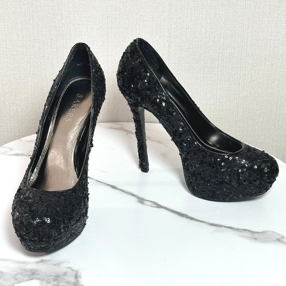 Bakers Black Glitter Sequin Platform Pumps Stiletto Heels Womens 9M. Y2K